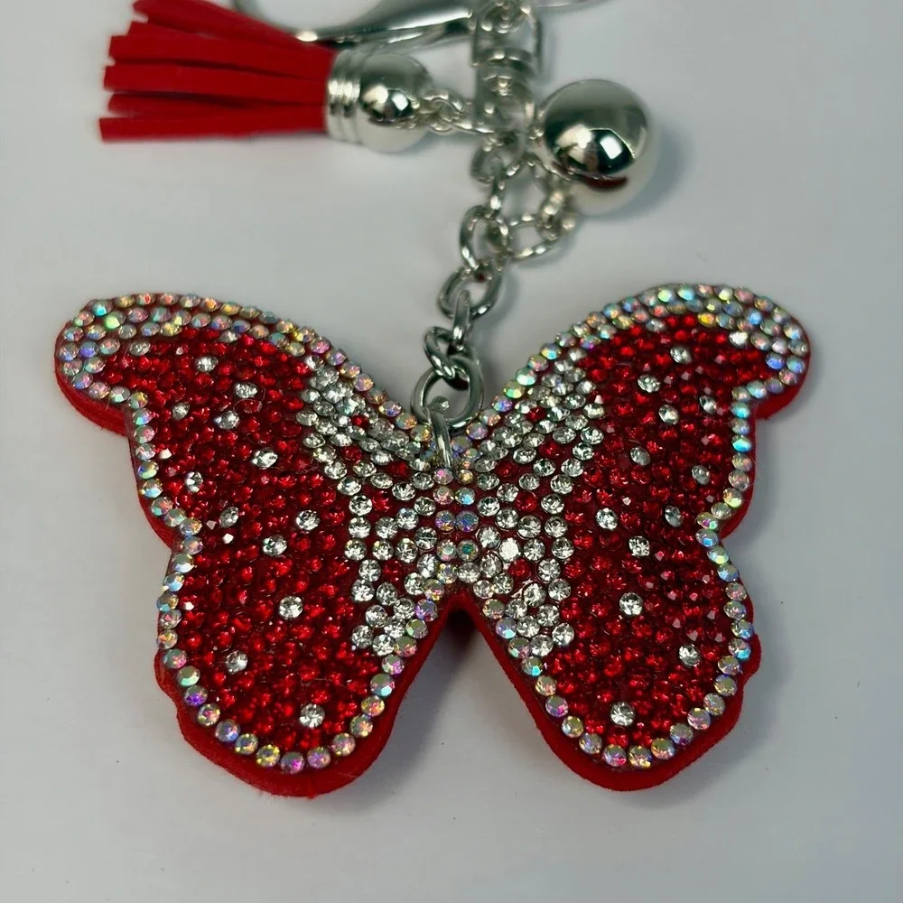 Boutique Red Crystal Butterfly Bag Charm Keychain Y2K Sparkly‎ Suede Tassel 6